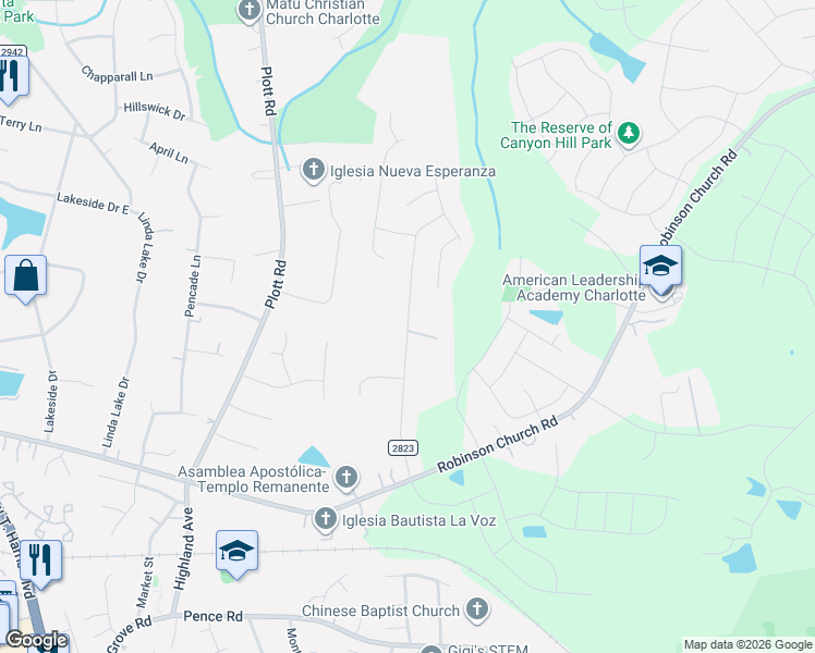 map of restaurants, bars, coffee shops, grocery stores, and more near 6811 Alanbrook Road in Charlotte