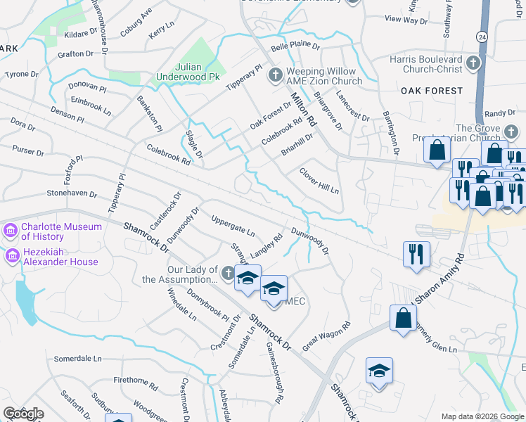 map of restaurants, bars, coffee shops, grocery stores, and more near 4101 Dunwoody Drive in Charlotte