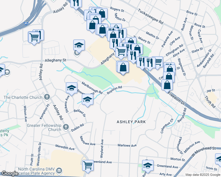 map of restaurants, bars, coffee shops, grocery stores, and more near 2838 Royston Road in Charlotte