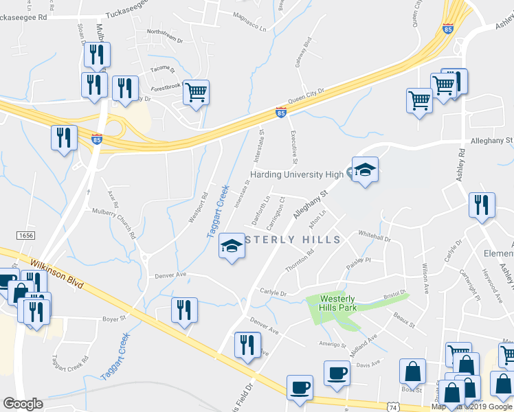 map of restaurants, bars, coffee shops, grocery stores, and more near 2426 Danforth Lane in Charlotte