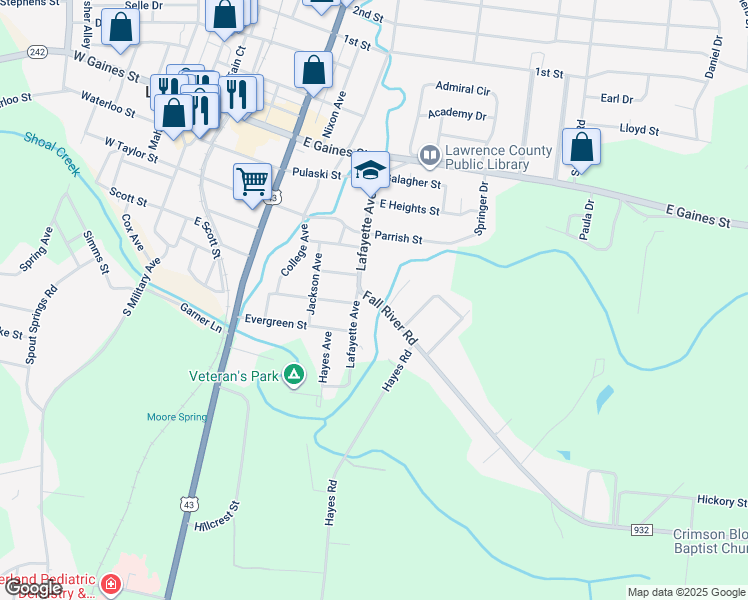 map of restaurants, bars, coffee shops, grocery stores, and more near 301 Fall River Road in Lawrenceburg