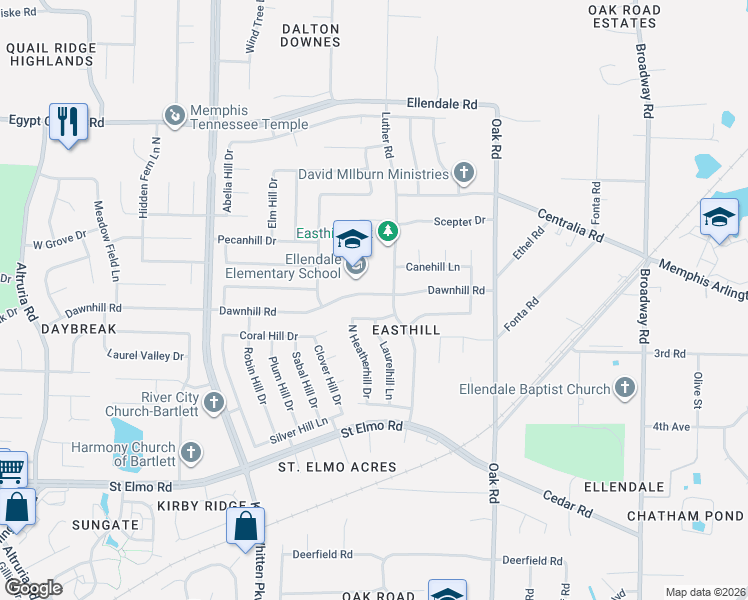 map of restaurants, bars, coffee shops, grocery stores, and more near 6975 Dawnhill Road in Bartlett