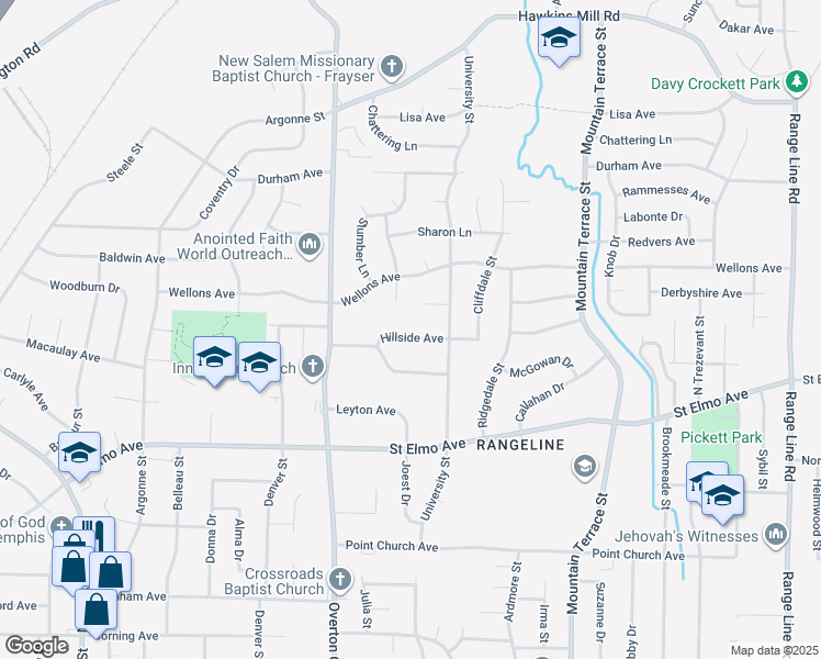 map of restaurants, bars, coffee shops, grocery stores, and more near 2190 Hillside Avenue in Memphis