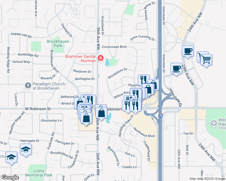 map of restaurants, bars, coffee shops, grocery stores, and more near 3413 Pheasant Run Road in Norman