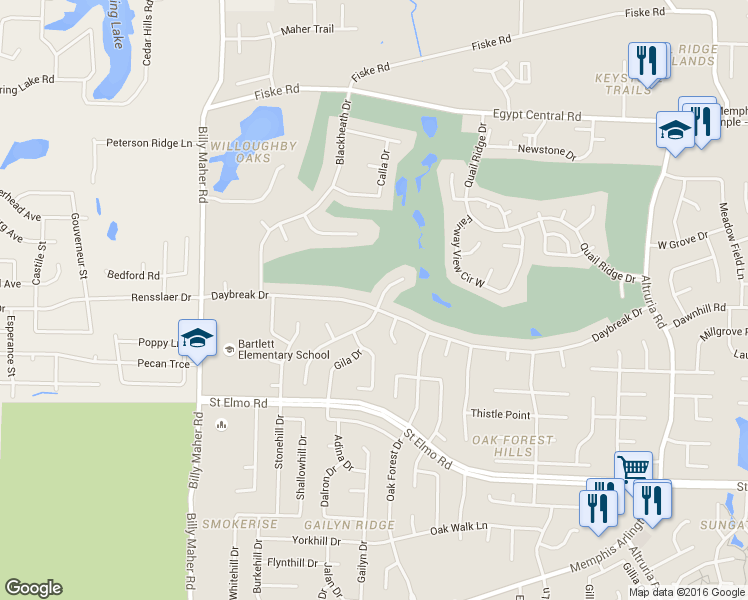 map of restaurants, bars, coffee shops, grocery stores, and more near 6170 Daybreak Drive in Bartlett