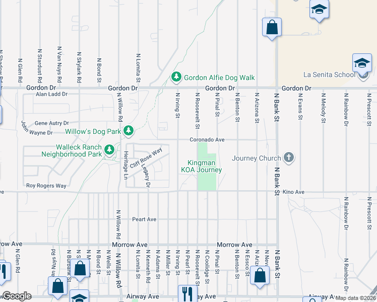 map of restaurants, bars, coffee shops, grocery stores, and more near 3846 North Irving Street in Kingman