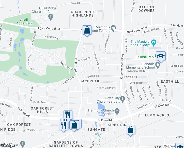 map of restaurants, bars, coffee shops, grocery stores, and more near 6612 Dawnhill Road in Memphis