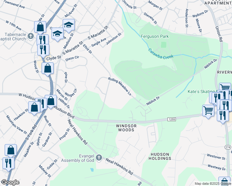 map of restaurants, bars, coffee shops, grocery stores, and more near 1668 Greenview Drive in Gastonia