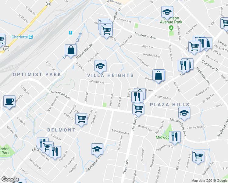 map of restaurants, bars, coffee shops, grocery stores, and more near 1912 Parson Street in Charlotte