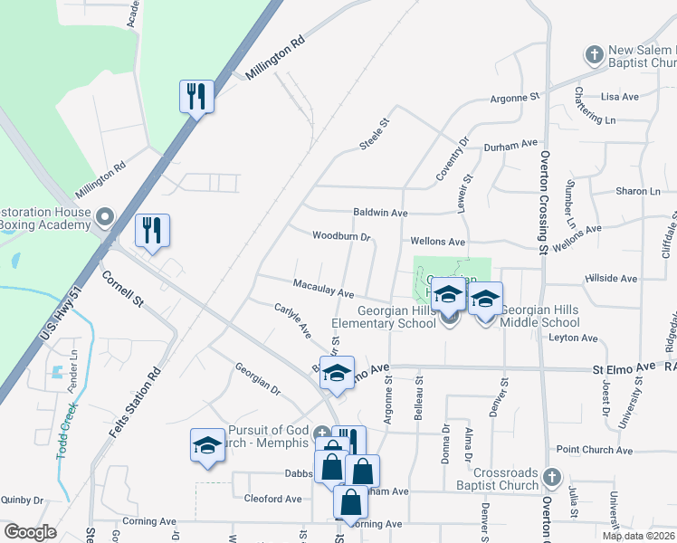 map of restaurants, bars, coffee shops, grocery stores, and more near 4009 Balfour Street in Memphis