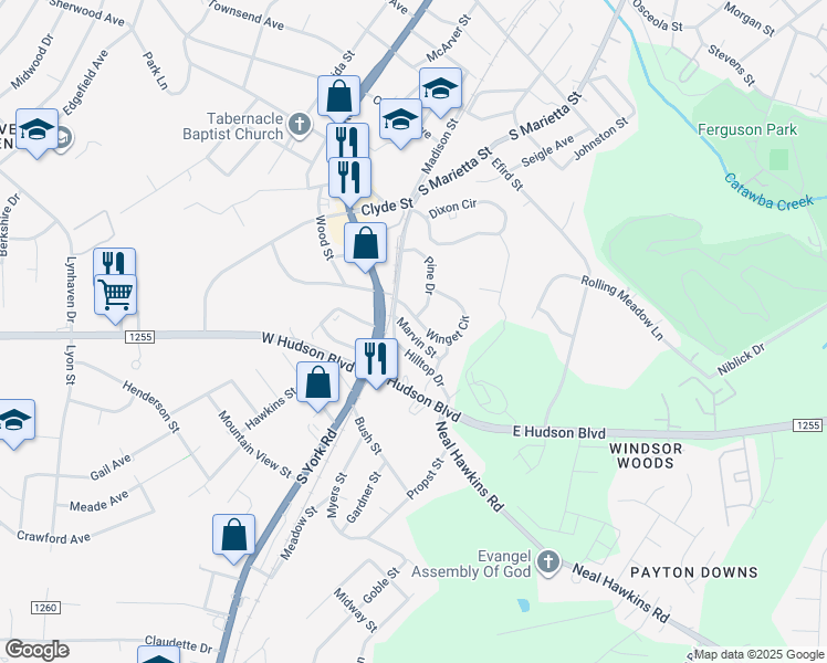 map of restaurants, bars, coffee shops, grocery stores, and more near 120 Marvin Street in Gastonia