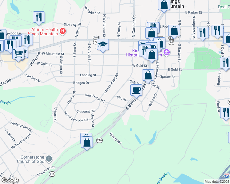 map of restaurants, bars, coffee shops, grocery stores, and more near 414 South Cansler Street in Kings Mountain