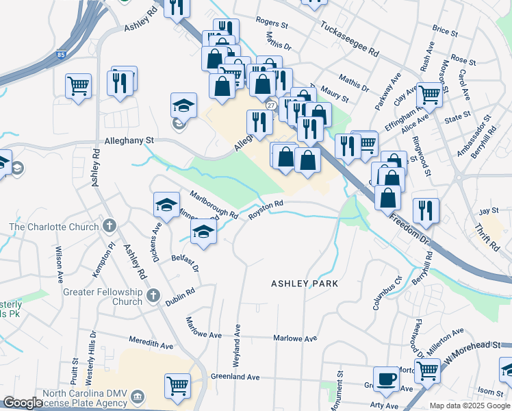 map of restaurants, bars, coffee shops, grocery stores, and more near 2838 Royston Road in Charlotte