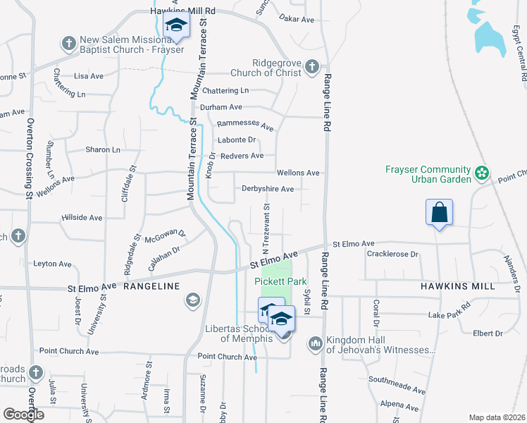 map of restaurants, bars, coffee shops, grocery stores, and more near 4015 North Trezevant Street in Memphis