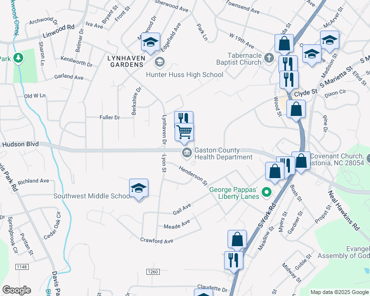 map of restaurants, bars, coffee shops, grocery stores, and more near 1024 West Hudson Boulevard in Gastonia