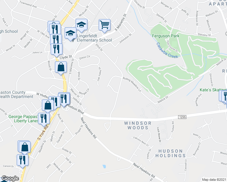 map of restaurants, bars, coffee shops, grocery stores, and more near 418 Meadowview Drive in Gastonia