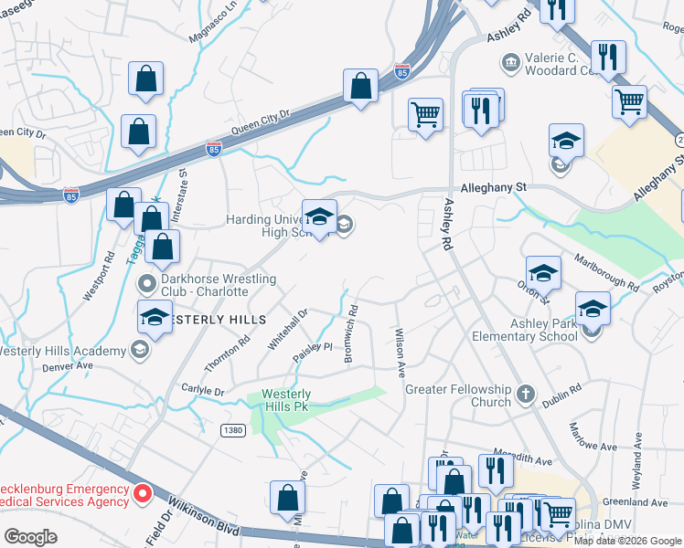 map of restaurants, bars, coffee shops, grocery stores, and more near 3849 Bullard Street in Charlotte