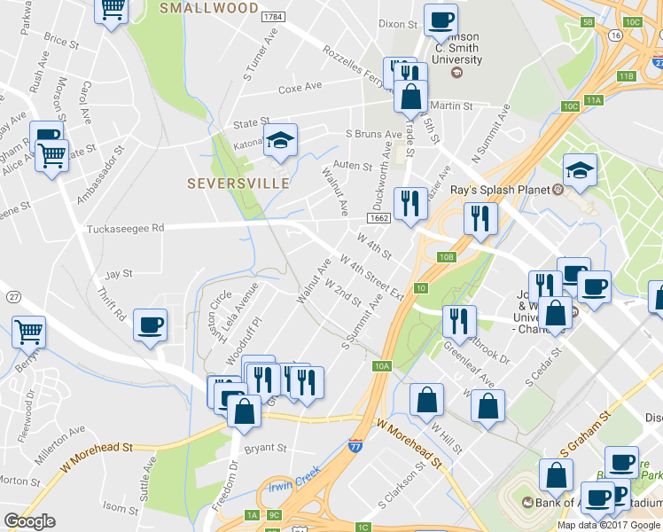 map of restaurants, bars, coffee shops, grocery stores, and more near 415 Walnut Avenue in Charlotte