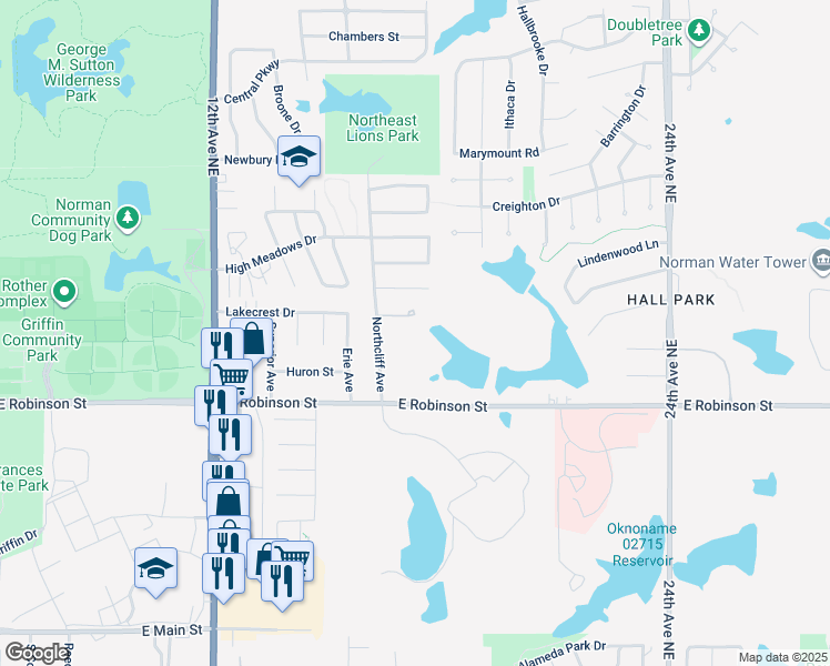 map of restaurants, bars, coffee shops, grocery stores, and more near 1289 Northcliff Avenue in Norman
