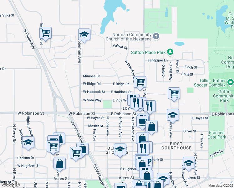 map of restaurants, bars, coffee shops, grocery stores, and more near 114 East Haddock Street in Norman