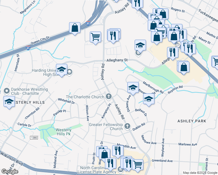 map of restaurants, bars, coffee shops, grocery stores, and more near 2107 Ashley Road in Charlotte