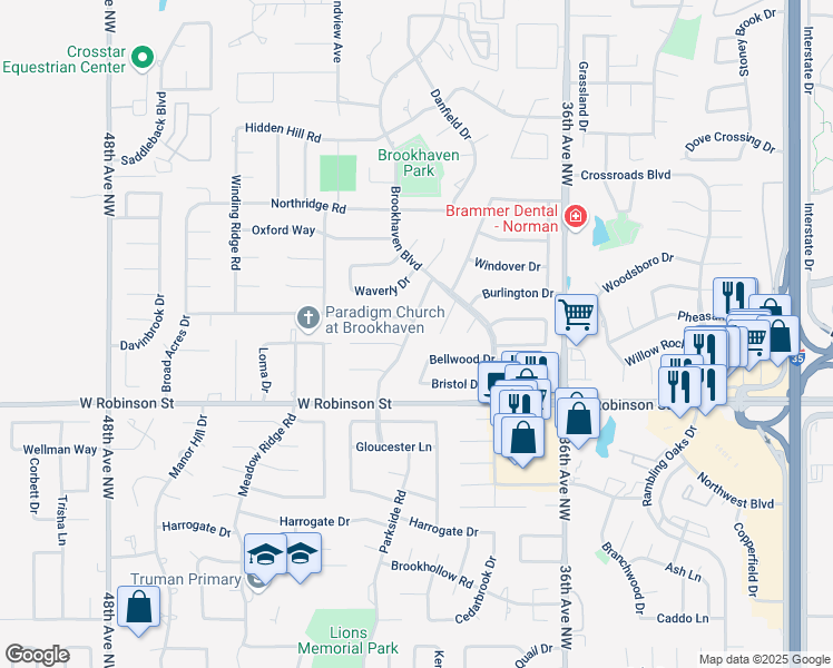 map of restaurants, bars, coffee shops, grocery stores, and more near 1319 Brookdale Dr in Norman