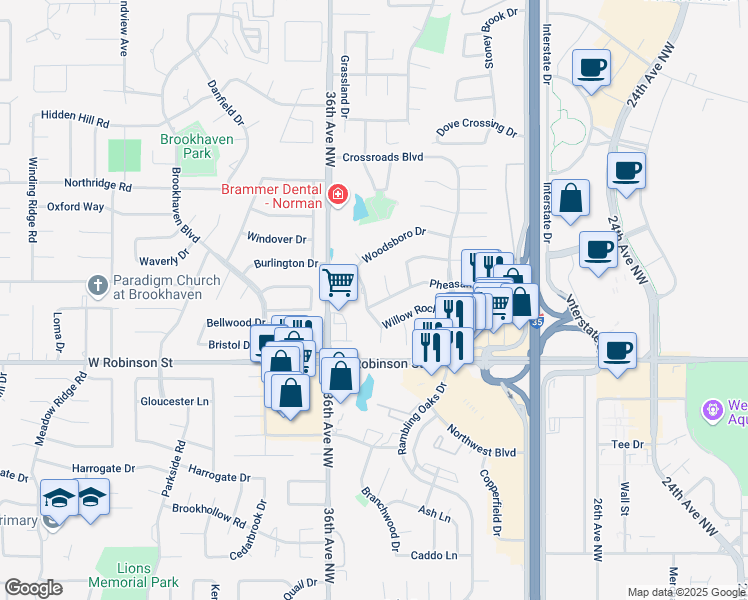 map of restaurants, bars, coffee shops, grocery stores, and more near 3413 Pheasant Run Rd in Norman
