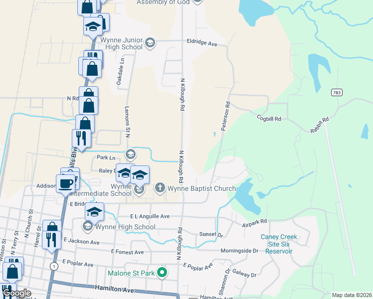 map of restaurants, bars, coffee shops, grocery stores, and more near 1476 North Killough Road in Wynne