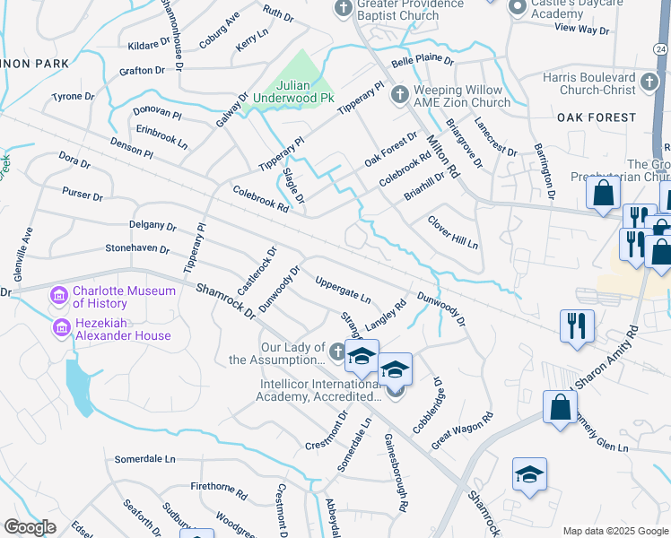 map of restaurants, bars, coffee shops, grocery stores, and more near 4025 Uppergate Lane in Charlotte