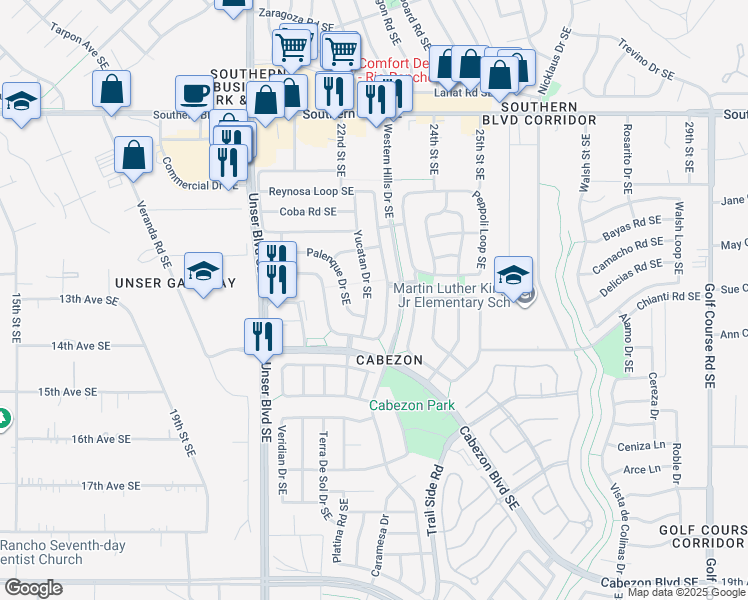 map of restaurants, bars, coffee shops, grocery stores, and more near 1444 Yucatan Drive Southeast in Rio Rancho