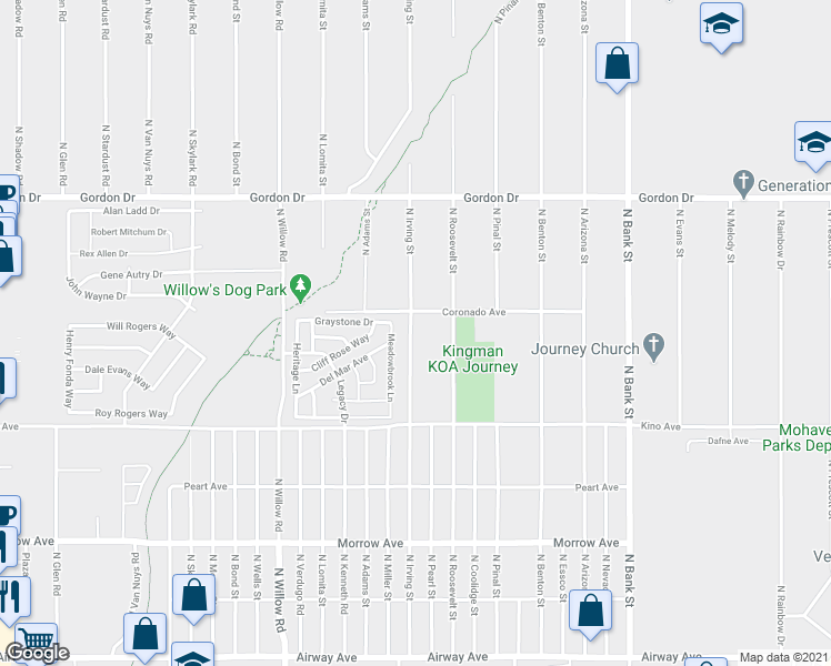 map of restaurants, bars, coffee shops, grocery stores, and more near 3846 North Irving Street in Kingman