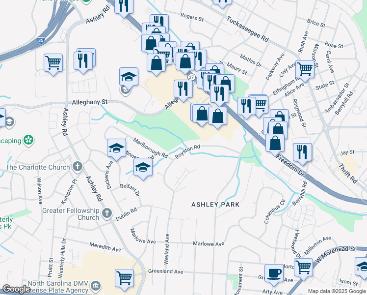 map of restaurants, bars, coffee shops, grocery stores, and more near 2838 Royston Road in Charlotte