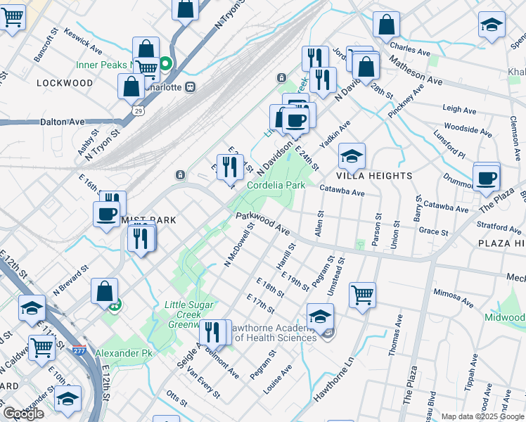 map of restaurants, bars, coffee shops, grocery stores, and more near 801 Parkwood Avenue in Charlotte