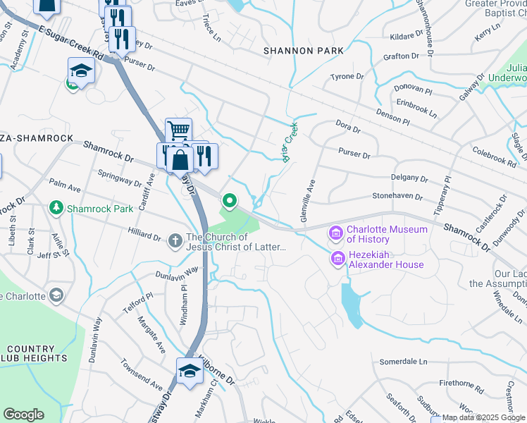 map of restaurants, bars, coffee shops, grocery stores, and more near 3227 Shamrock Drive in Charlotte