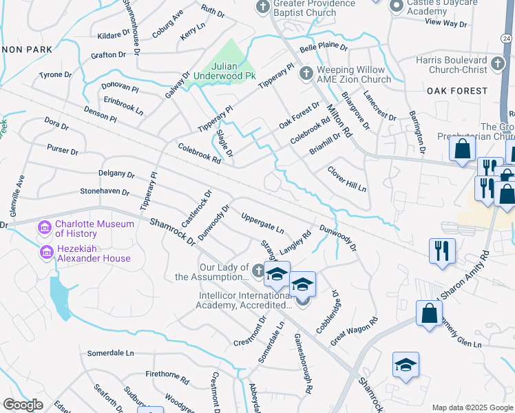 map of restaurants, bars, coffee shops, grocery stores, and more near 4025 Uppergate Lane in Charlotte