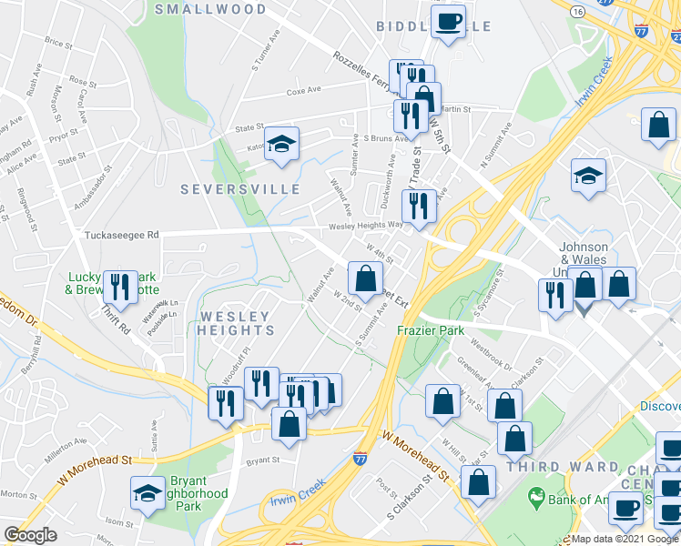 map of restaurants, bars, coffee shops, grocery stores, and more near 415 Walnut Avenue in Charlotte