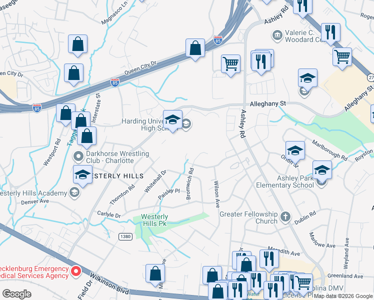 map of restaurants, bars, coffee shops, grocery stores, and more near 3849 Bullard Street in Charlotte