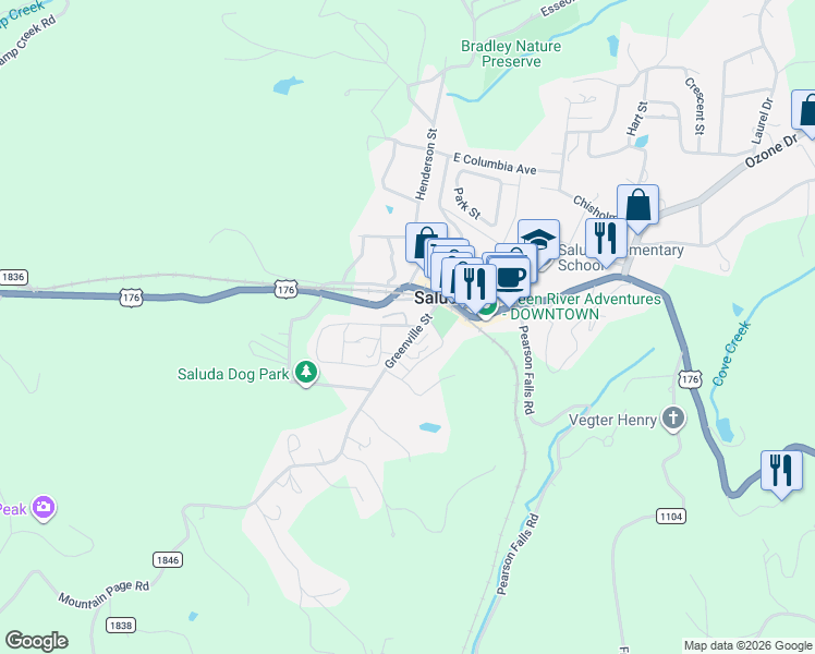 map of restaurants, bars, coffee shops, grocery stores, and more near 91 Smith Street in Saluda