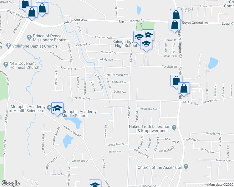 map of restaurants, bars, coffee shops, grocery stores, and more near 3885 Dante Avenue in Memphis