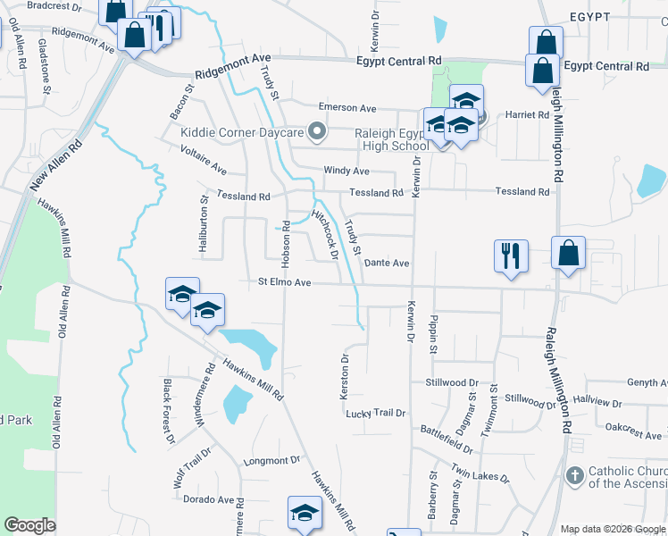 map of restaurants, bars, coffee shops, grocery stores, and more near 3795 Dante Avenue in Memphis