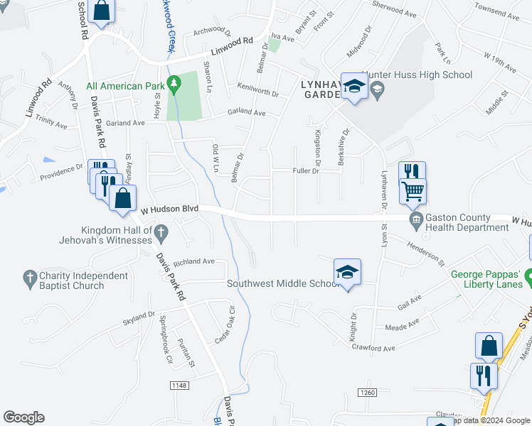 map of restaurants, bars, coffee shops, grocery stores, and more near 1951 Echo Lane in Gastonia