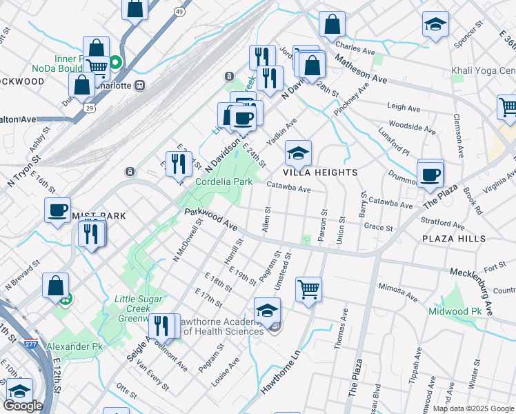 map of restaurants, bars, coffee shops, grocery stores, and more near 1009 Grace Street in Charlotte