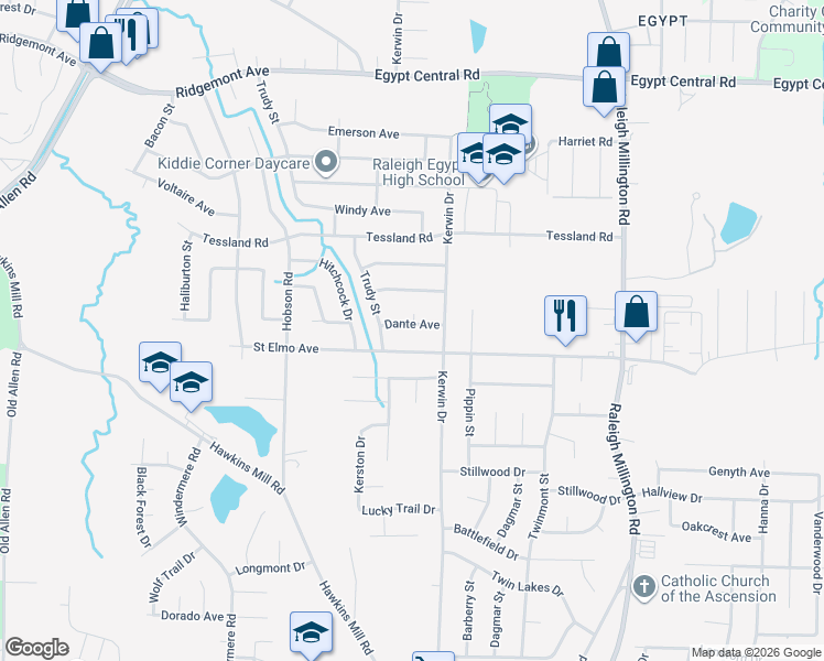 map of restaurants, bars, coffee shops, grocery stores, and more near 3885 Dante Avenue in Memphis