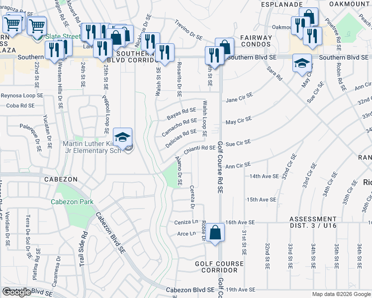 map of restaurants, bars, coffee shops, grocery stores, and more near 2820 Walsh Loop Southeast in Rio Rancho