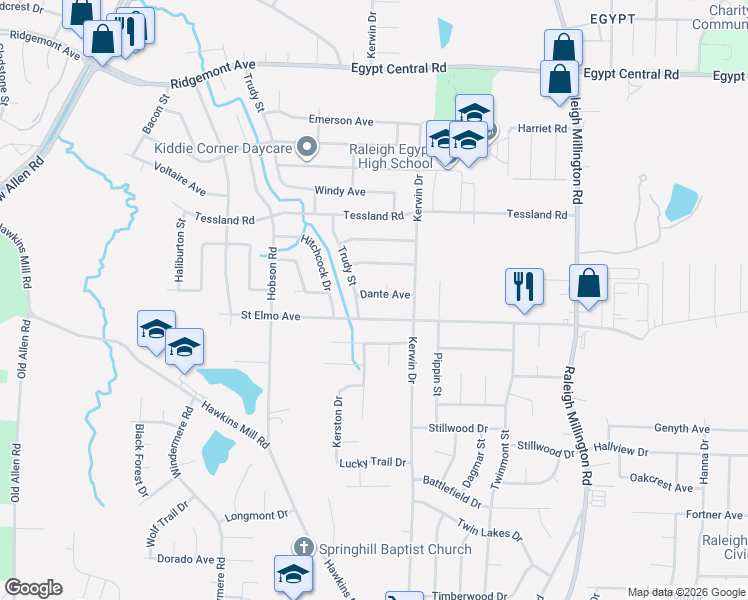 map of restaurants, bars, coffee shops, grocery stores, and more near 3885 Dante Avenue in Memphis