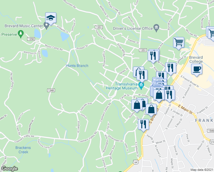 map of restaurants, bars, coffee shops, grocery stores, and more near 96 Locks Drive in Brevard