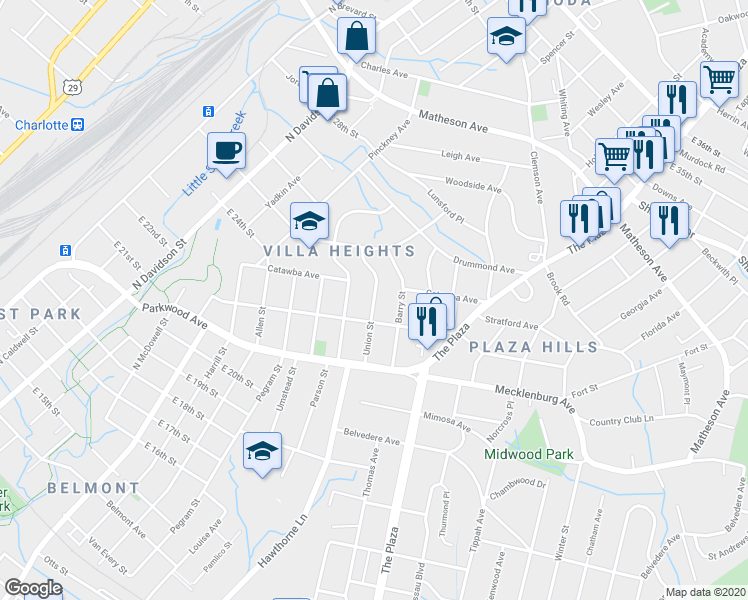 map of restaurants, bars, coffee shops, grocery stores, and more near Union Street in Charlotte