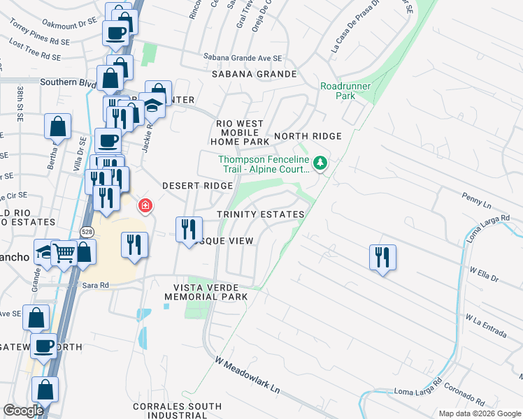 map of restaurants, bars, coffee shops, grocery stores, and more near 1345 Tiffany Lane Southeast in Rio Rancho