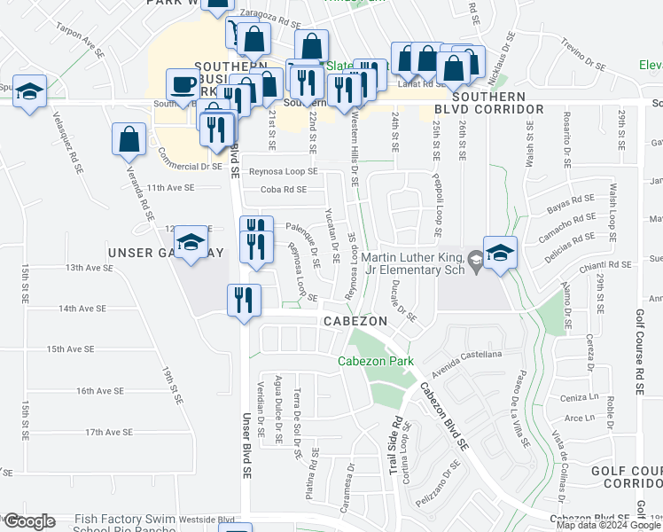 map of restaurants, bars, coffee shops, grocery stores, and more near 1441 Yucatan Drive Southeast in Rio Rancho