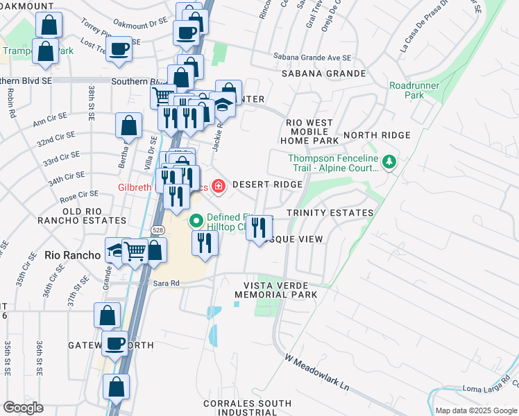 map of restaurants, bars, coffee shops, grocery stores, and more near 1341 Desert Ridge Drive Southeast in Rio Rancho
